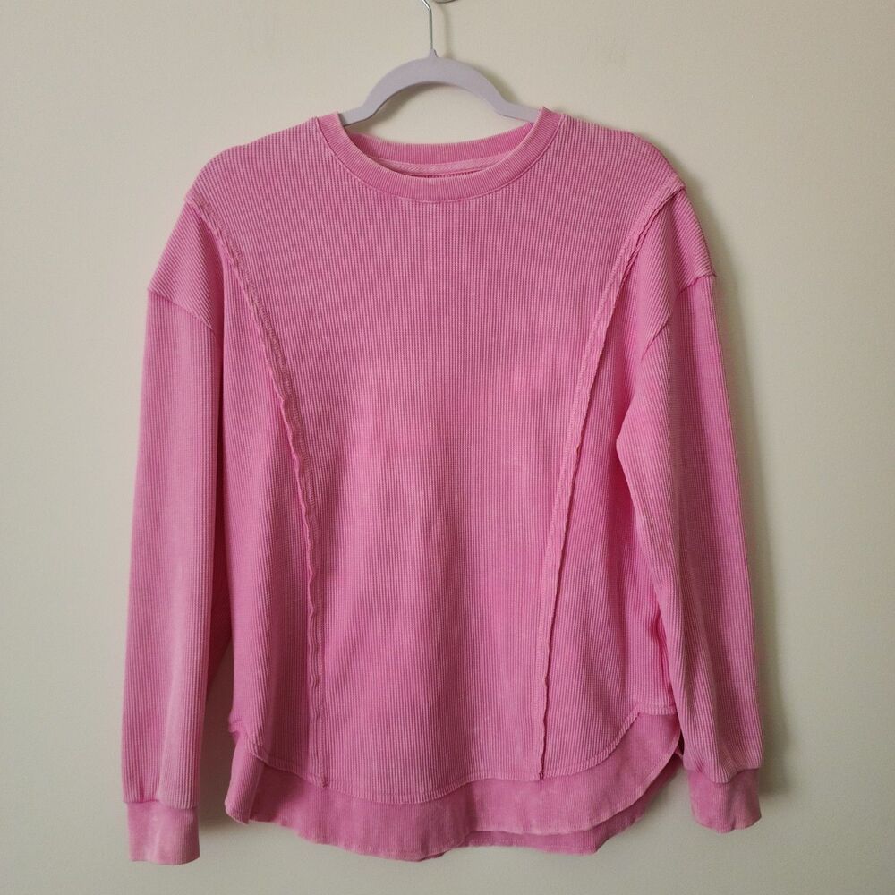 Sundry Sunnyside Waffle Knit Lounge Top Fuchsia Pink Distressed Pullover Cozy S